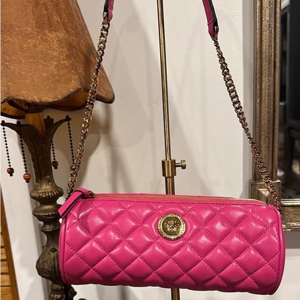 Versace Pink Quilted Leather Shoulder Bag with Gold Medallion